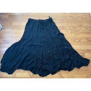 Vintage Y2K Black Boho Embroidered Maxi Skirt Asymmetrical Hem Whimsigoth Boho